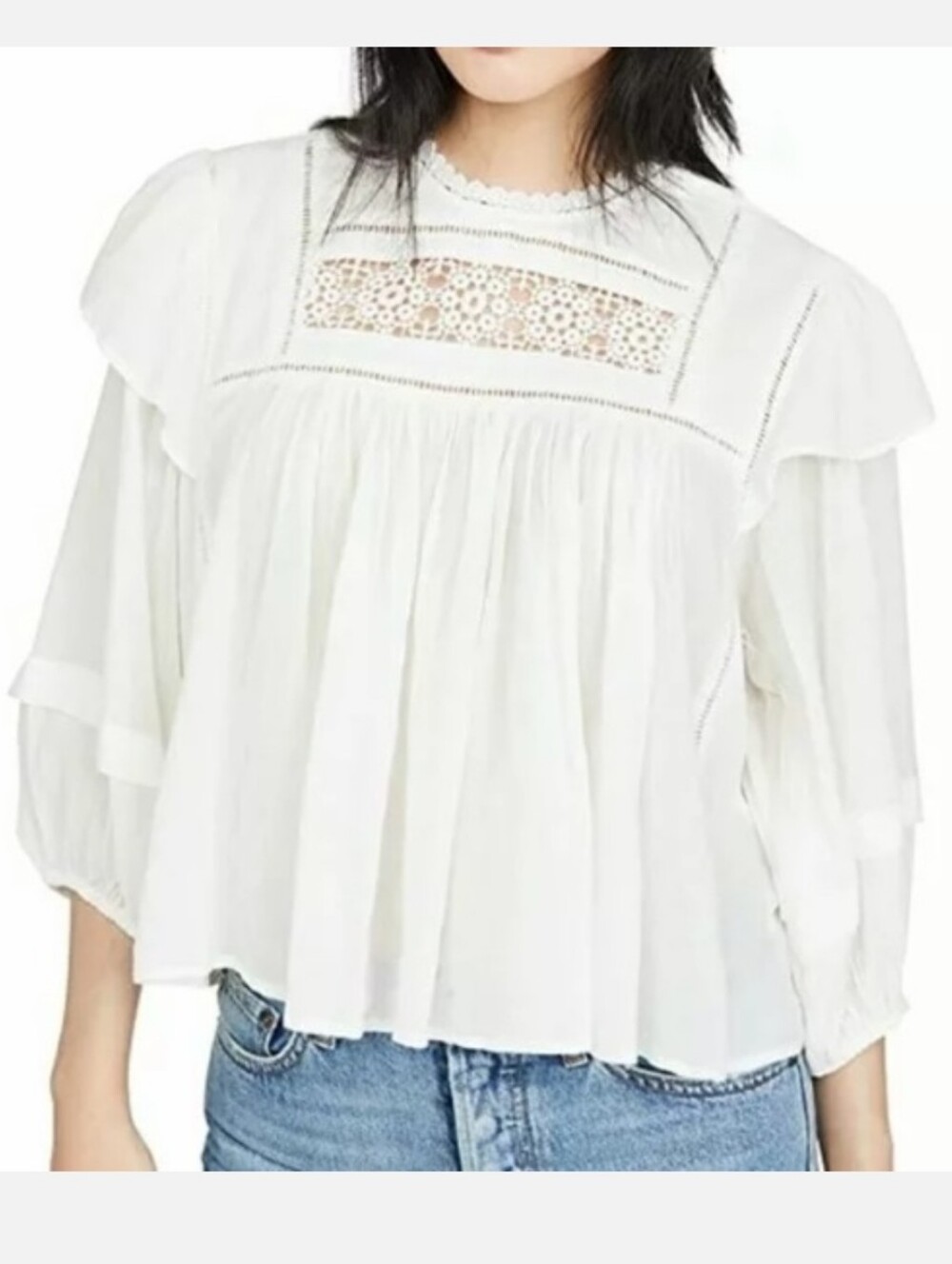 Free People Laura Cotton Blouse White Lace Yoke Peasant Top Small
